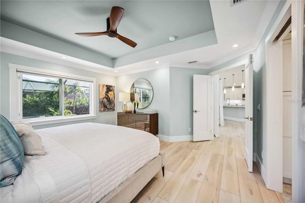 Bedroom, Interior, Pendant Lights, Recessed Lighting, Wood Texture Flooring