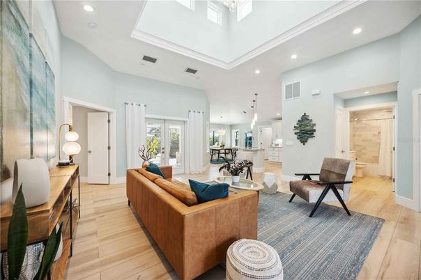 Interior, Living room, Pendant Lights, Recessed Lighting, Wood Texture Flooring