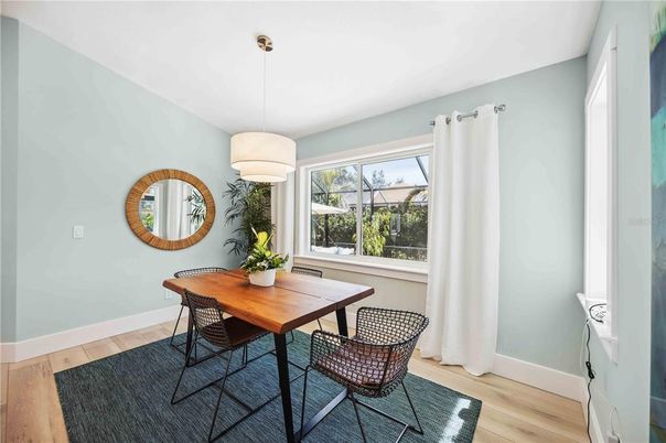 Dining room, Interior, Pendant Lights, Wood Texture Flooring