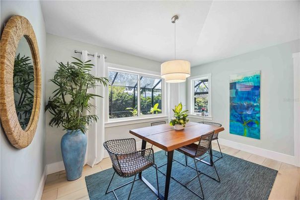 Dining room, Interior, Pendant Lights, Wood Texture Flooring