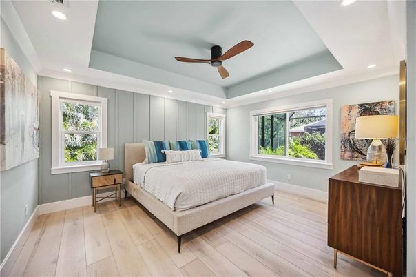 Bedroom, Interior, Recessed Lighting, Wood Texture Flooring