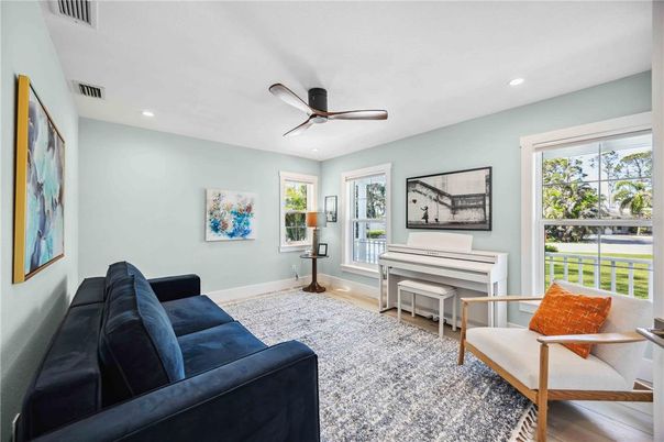 Interior, Living room, Piano, Recessed Lighting, Wood Texture Flooring