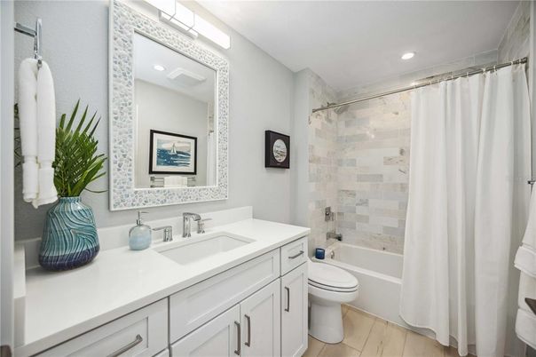 Bathroom, Glass Shower, Interior, Recessed Lighting, Wood Texture Flooring