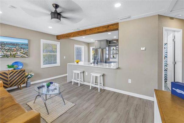 Interior, Kitchen, Recessed Lighting, Stainless Steel Appliances, Wooden Beams, Wood Texture Flooring