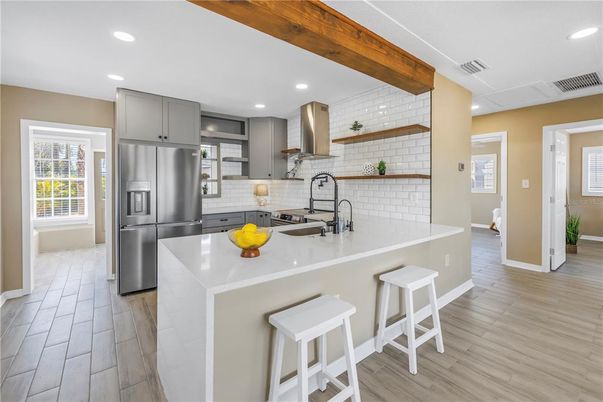 Interior, Kitchen, Recessed Lighting, Stainless Steel Appliances, Wooden Beams, Wood Texture Flooring
