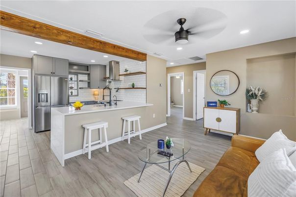 Interior, Kitchen, Living room, Recessed Lighting, Stainless Steel Appliances, Wood Texture Flooring