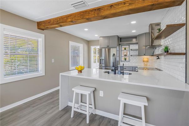 Interior, Kitchen, Recessed Lighting, Stainless Steel Appliances, Wooden Beams, Wood Texture Flooring