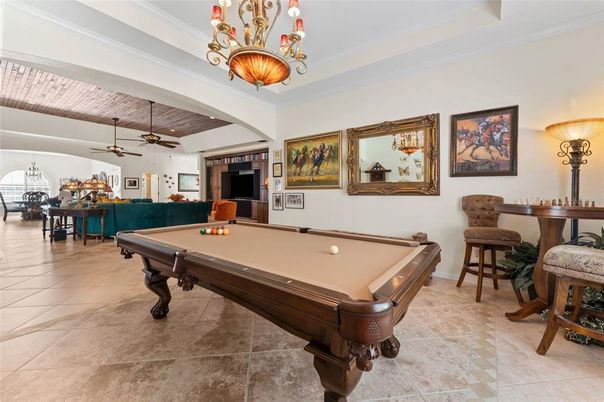 Billiard Table, Chandelier, Game Room, Interior, Pendant Lights