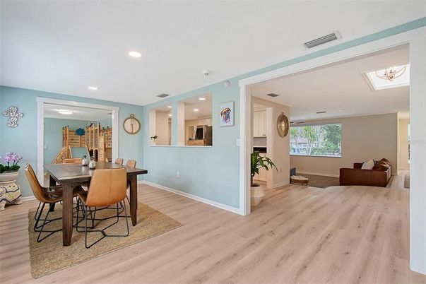 Dining room, Interior, Recessed Lighting, Wood Texture Flooring