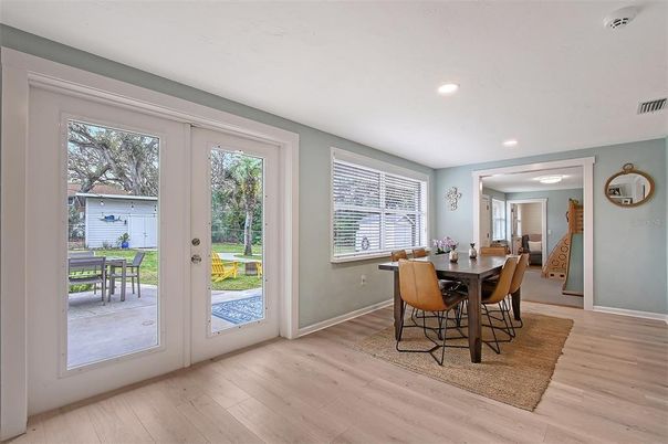 Dining room, Interior, Recessed Lighting, Wood Texture Flooring