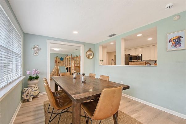 Dining room, Interior, Kitchen, Recessed Lighting, Wood Texture Flooring