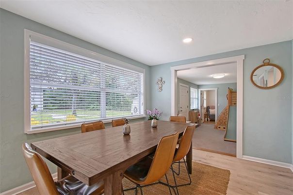 Dining room, Interior, Recessed Lighting, Wood Texture Flooring