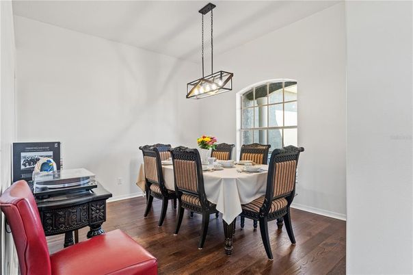 Dining room, Interior, Pendant Lights, Wood Texture Flooring