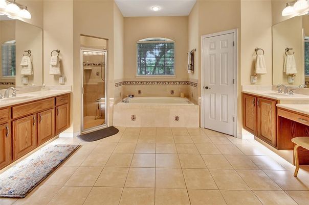 Bathroom, Dual Sink Vanities, Glass Shower, Interior, Recessed Lighting