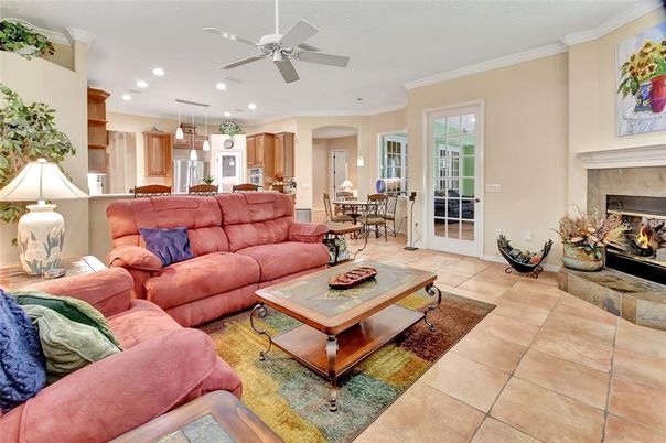 Dining room, Fireplace, Interior, Kitchen, Living room, Pendant Lights, Recessed Lighting