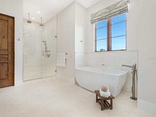 Bathroom, Free Standing Baths, Glass Shower, Interior, Recessed Lighting