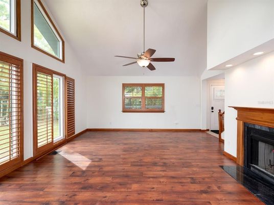 Empty room, Fireplace, Interior, Recessed Lighting, Wood Texture Flooring