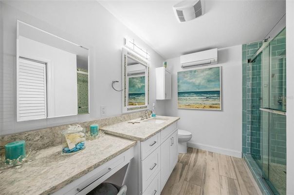 Bathroom, Dual Sink Vanities, Glass Shower, Interior, Wood Texture Flooring