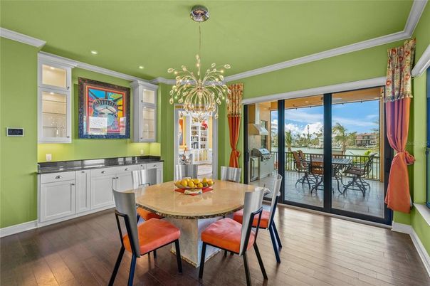 Dining room, Interior, Pendant Lights, Recessed Lighting, Wood Texture Flooring