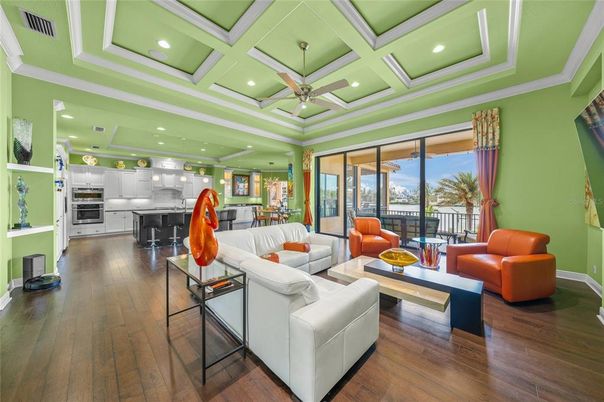Interior, Kitchen, Living room, Recessed Lighting, Stainless Steel Appliances, Wood Texture Flooring