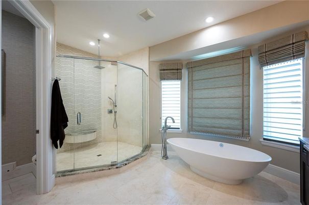 Bathroom, Free Standing Baths, Glass Shower, Interior, Recessed Lighting
