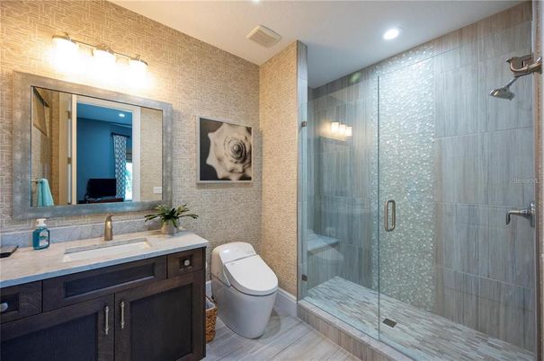 Bathroom, Glass Shower, Interior, Recessed Lighting, Wood Texture Flooring