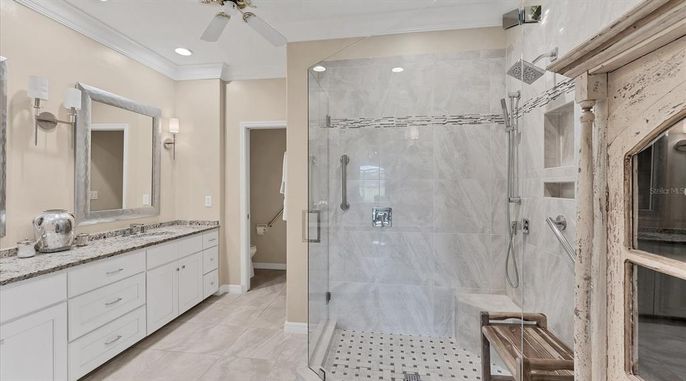 Bathroom, Dual Sink Vanities, Glass Shower, Interior, Recessed Lighting