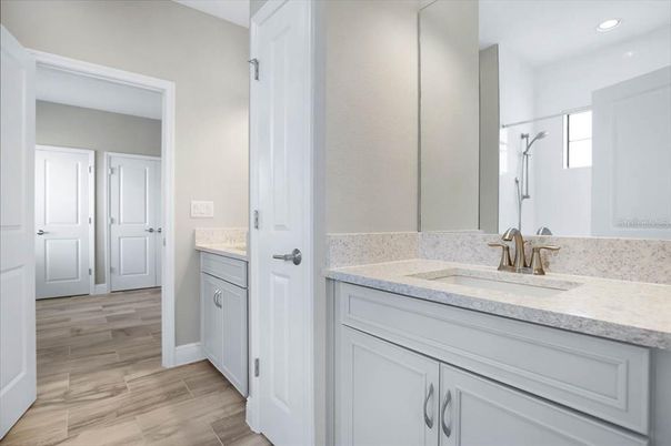 Bathroom, Interior, Recessed Lighting, Wood Texture Flooring