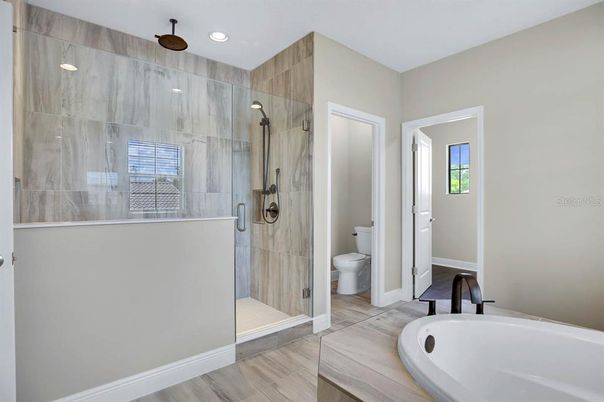 Bathroom, Glass Shower, Interior, Recessed Lighting, Wood Texture Flooring