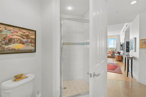 Bathroom, Glass Shower, Interior, Recessed Lighting, Wood Texture Flooring