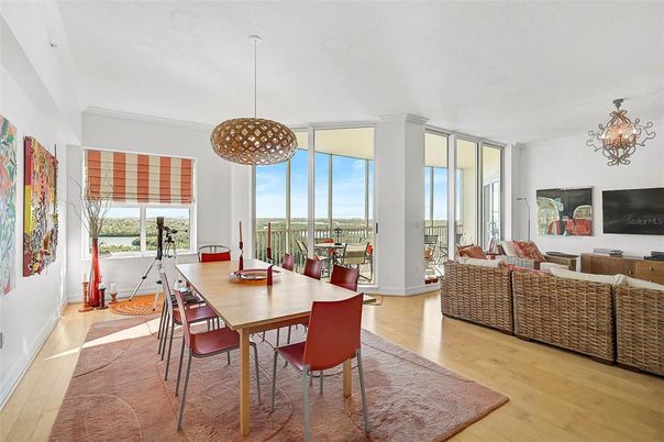 Dining room, Interior, Living room, Pendant Lights, Wood Texture Flooring