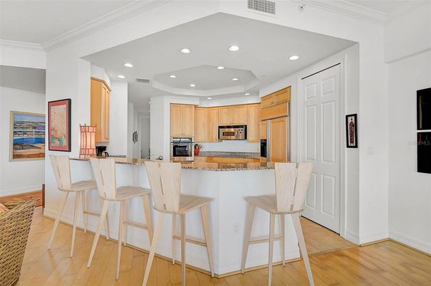 Interior, Kitchen, Recessed Lighting, Stainless Steel Appliances, Wood Texture Flooring