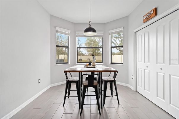 Dining room, Interior, Pendant Lights, Wood Texture Flooring