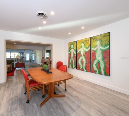 Dining room, Interior, Recessed Lighting, Wood Texture Flooring