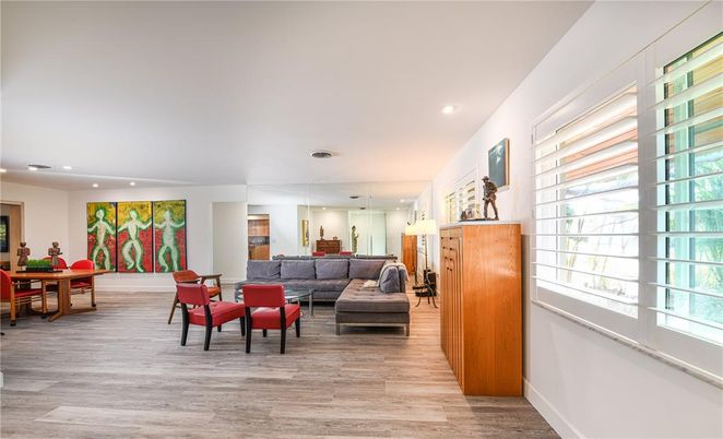 Dining room, Interior, Living room, Recessed Lighting, Wood Texture Flooring