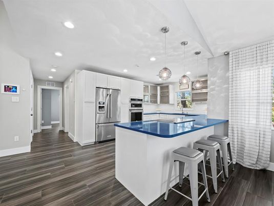 Interior, Kitchen, Pendant Lights, Recessed Lighting, Stainless Steel Appliances, Wood Texture Flooring