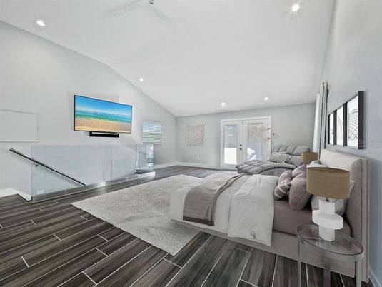 Bedroom, Interior, Recessed Lighting, Wood Texture Flooring