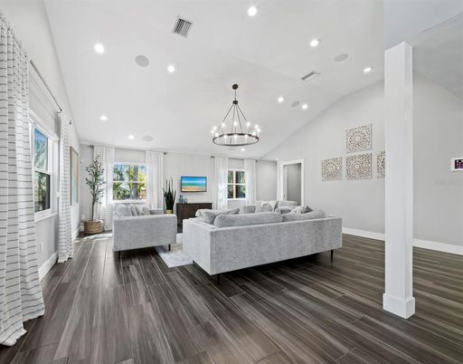 Chandelier, Interior, Living room, Recessed Lighting, Wood Texture Flooring