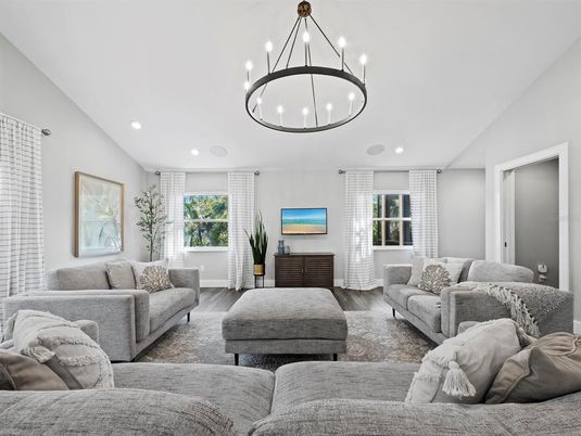 Interior, Living room, Pendant Lights, Recessed Lighting, Wood Texture Flooring