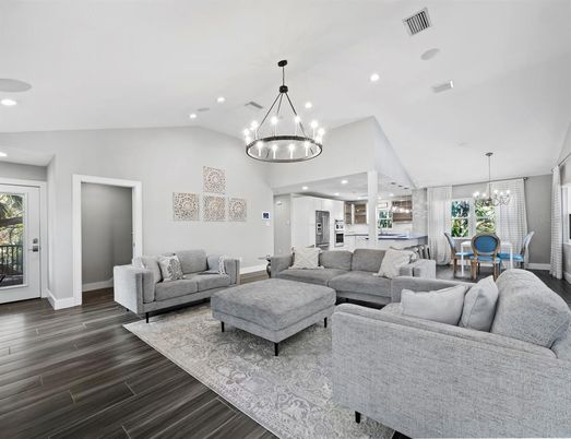Chandelier, Dining room, Interior, Living room, Pendant Lights, Recessed Lighting, Wood Texture Flooring