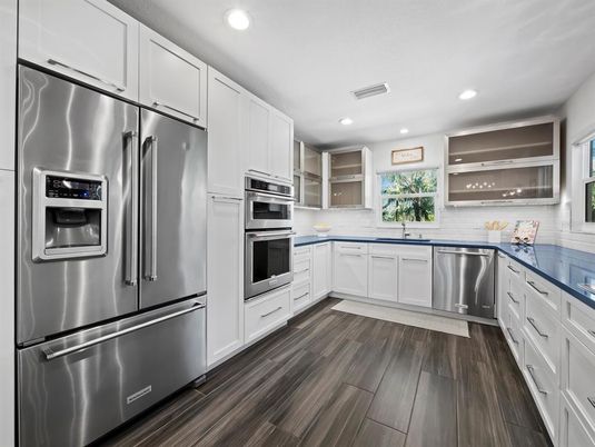 Interior, Kitchen, Recessed Lighting, Stainless Steel Appliances, Wood Texture Flooring