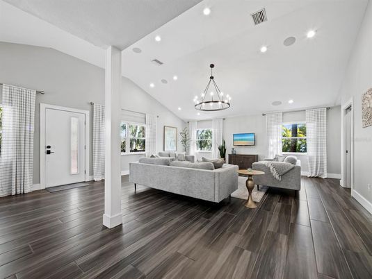Chandelier, Interior, Living room, Recessed Lighting, Wood Texture Flooring