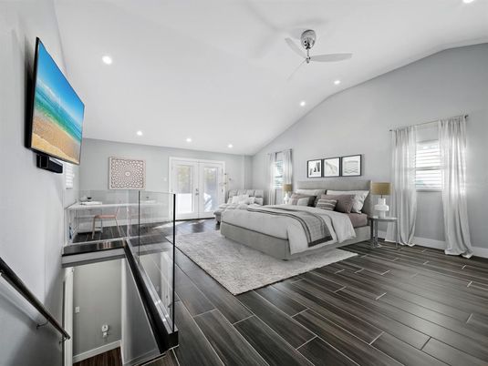 Bedroom, Interior, Recessed Lighting, Wood Texture Flooring