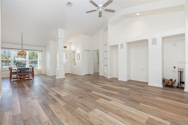 Dining room, Interior, Pendant Lights, Recessed Lighting, Wood Texture Flooring