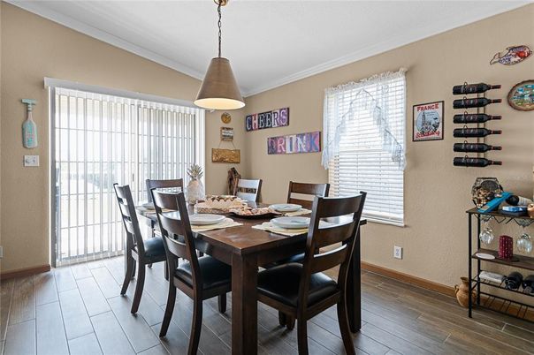 Dining room, Interior, Pendant Lights, Wood Texture Flooring