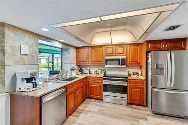 Interior, Kitchen, Recessed Lighting, Stainless Steel Appliances, Wood Texture Flooring