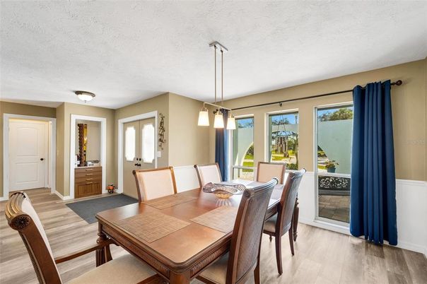 Dining room, Interior, Pendant Lights, Wood Texture Flooring