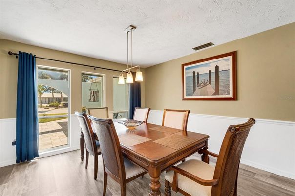 Dining room, Interior, Pendant Lights, Wood Texture Flooring