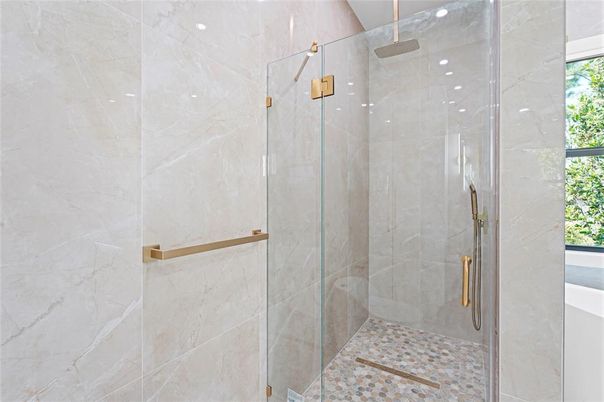 Bathroom, Glass Shower, Interior, Marble Walls, Recessed Lighting