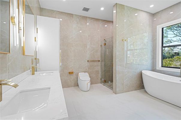 Bathroom, Free Standing Baths, Glass Shower, Interior, Marble Walls, Recessed Lighting